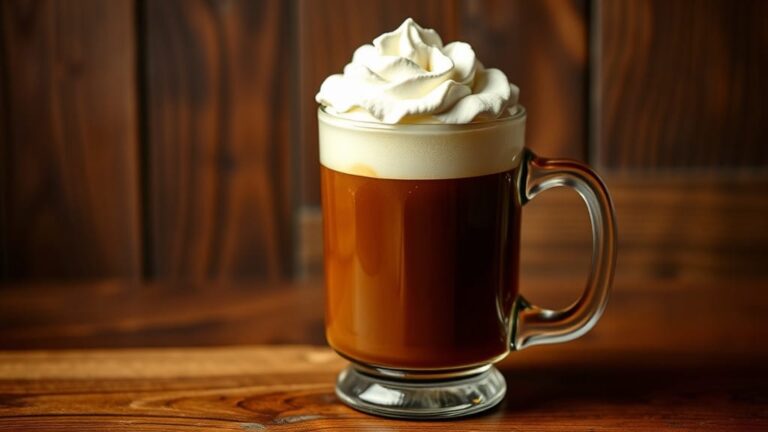 Glass mug filled with Irish Coffee and whipped cream