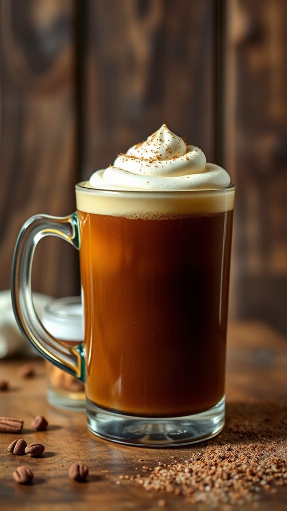 Glass mug filled with Irish Coffee and whipped cream 