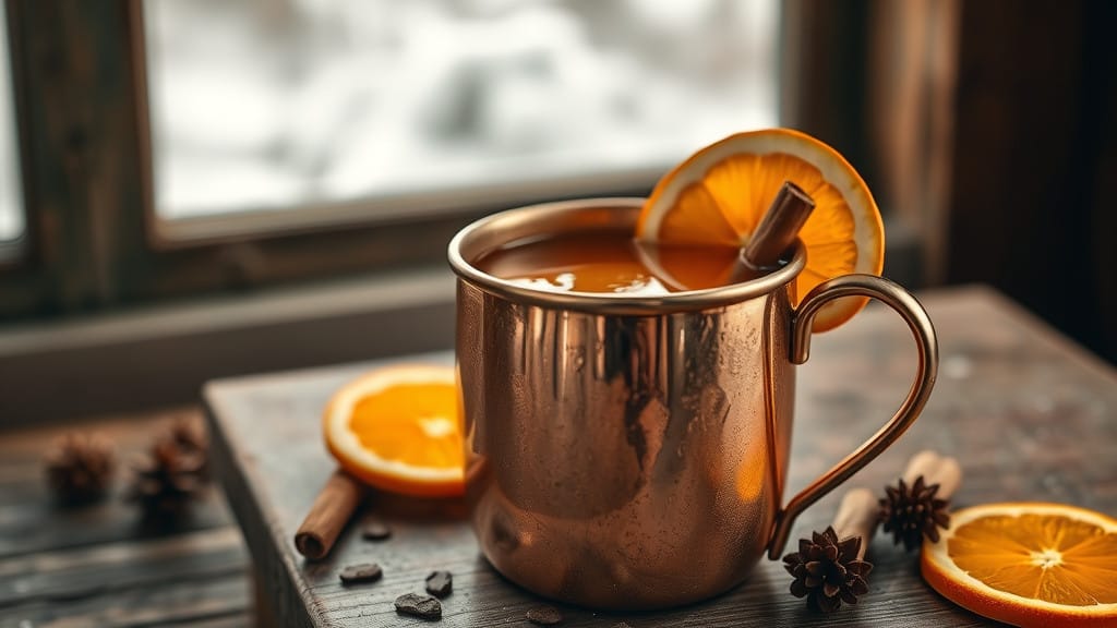 Wassail cider drink in a copper mug