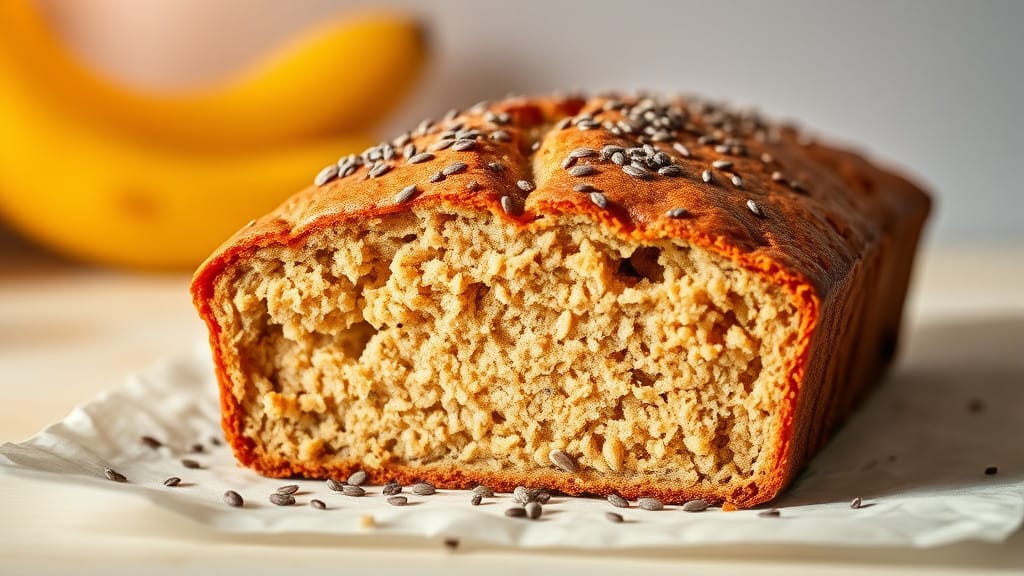 healthy banana bread loaf topped with chia seeds