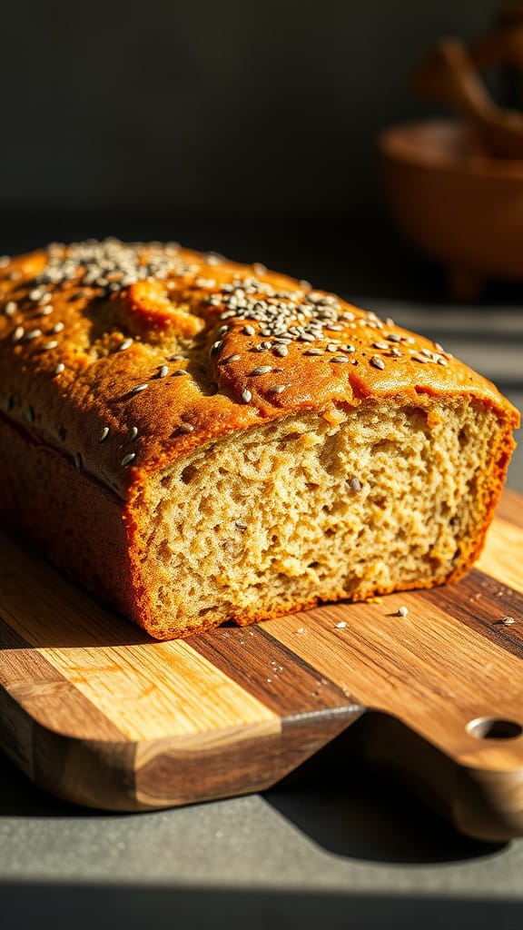 healthy banana bread loaf topped with chia seeds