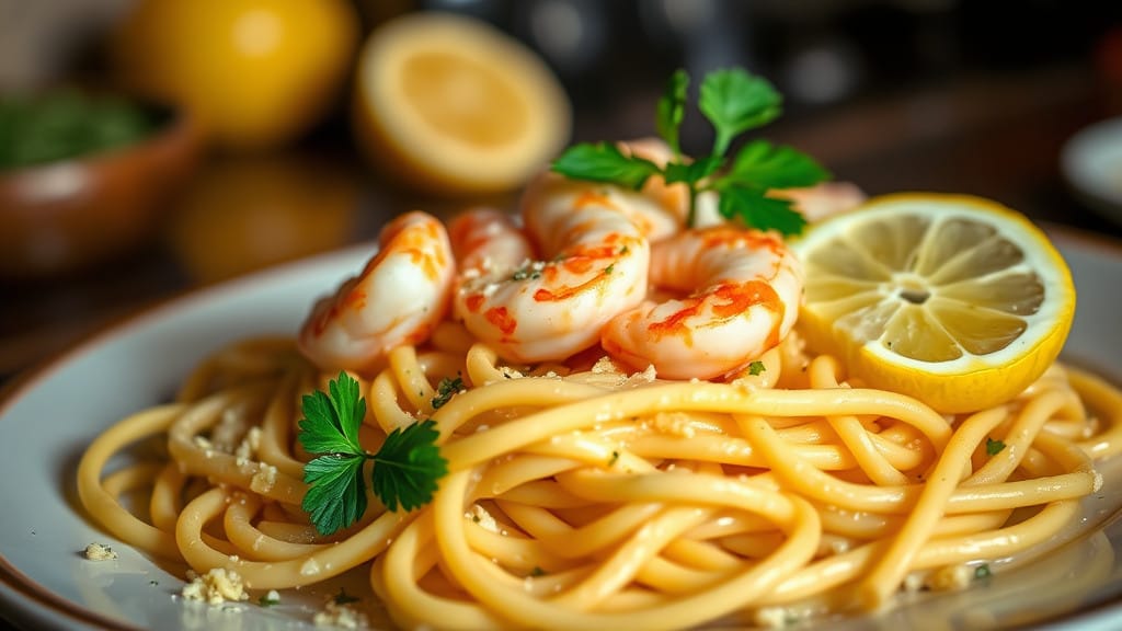 A-close-up-of-creamy-fettuccine-Alfredo-topped-with-succulent-shrimp-garnished-with-parsley-and-lemon