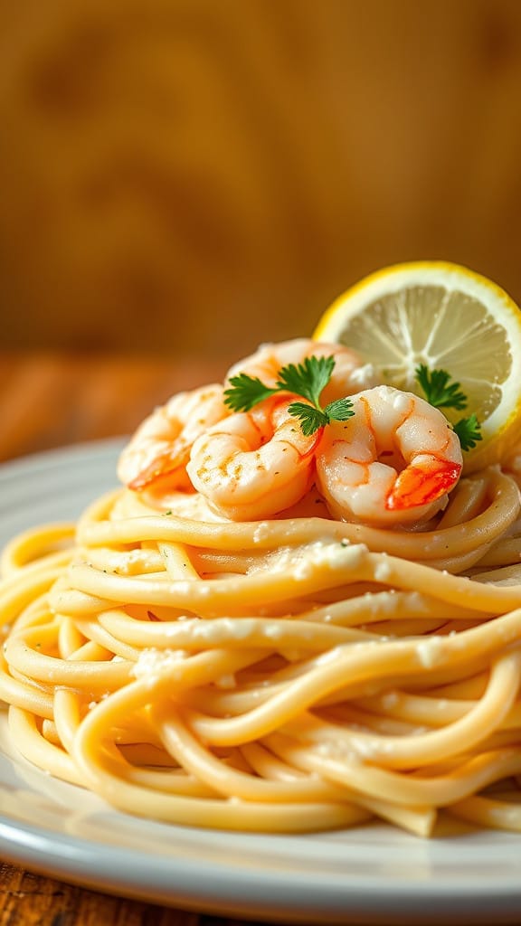 A close-up of creamy fettuccine Alfredo topped with succulent shrimp, garnished with parsley and lemon 