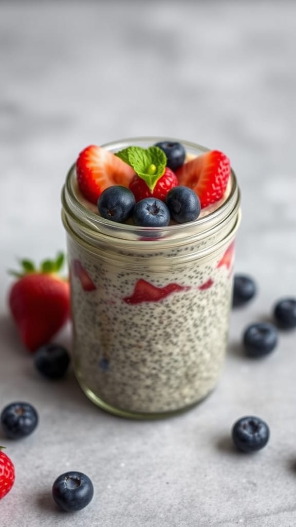 A jar of chia seed pudding topped with fresh berries