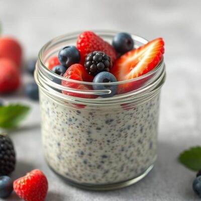 A jar of chia seed pudding topped with fresh berries