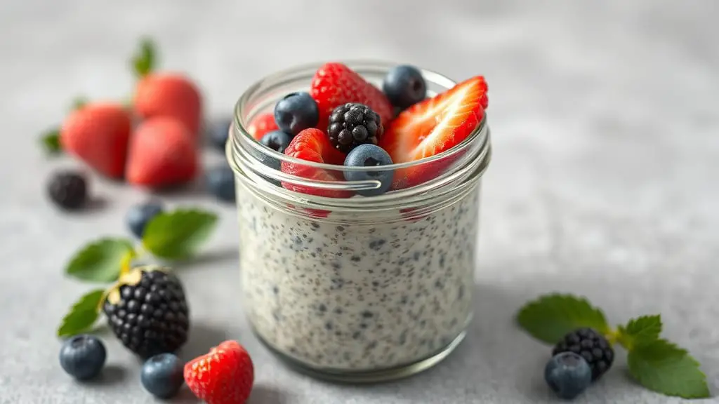 A jar of chia seed pudding topped with fresh berries