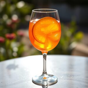 A vibrant orange Aperol Spritz in a wine glass with an orange slice