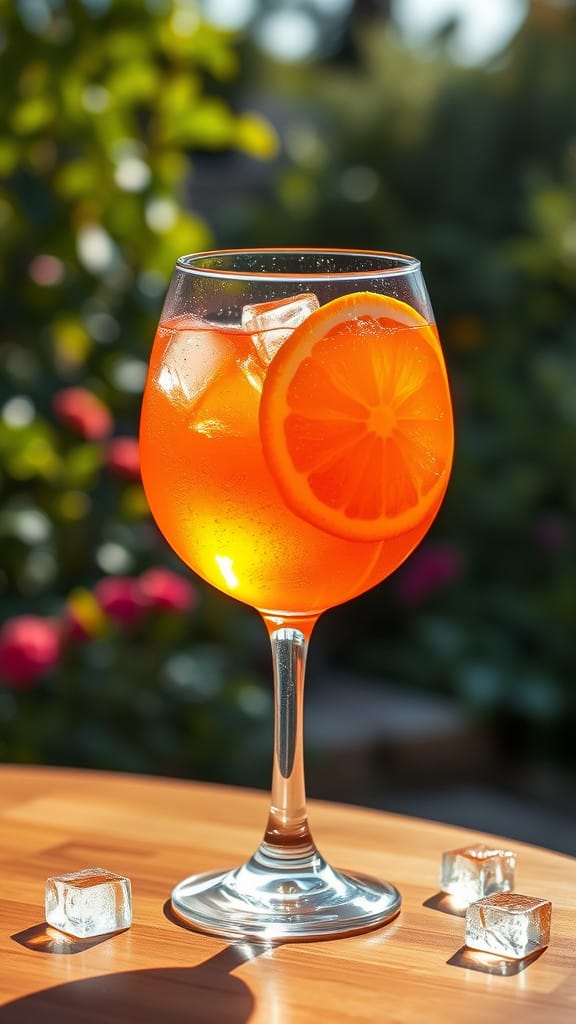 A vibrant orange Aperol Spritz in a wine glass with an orange slice