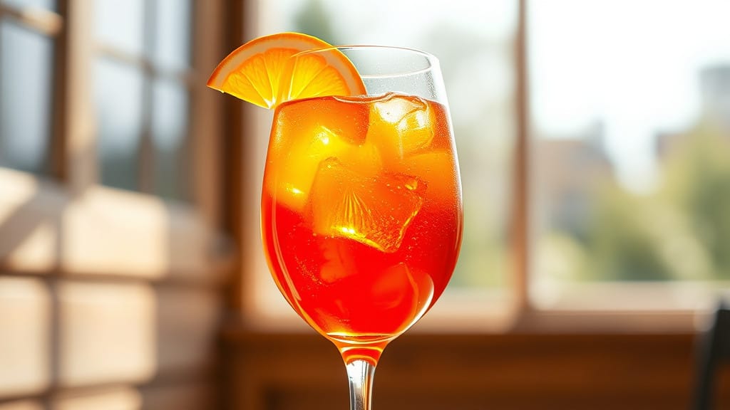 A vibrant orange Aperol Spritz in a wine glass with an orange slice