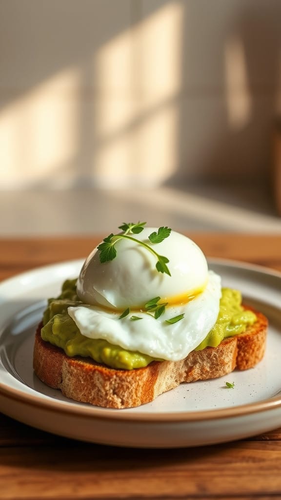 Avocado Toast with Poached Egg, close up, elegant plating, light kitchen background