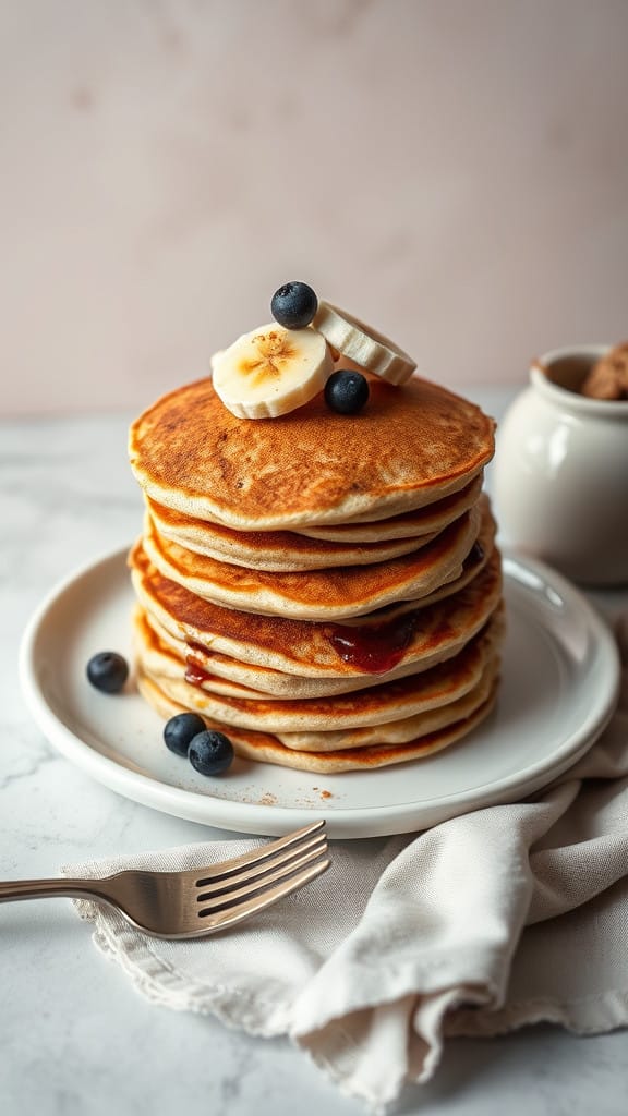 Banana Pancakes topped with raspberries, bananas and choc chips