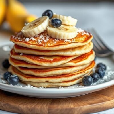 Banana Pancakes topped with raspberries, bananas and choc chips