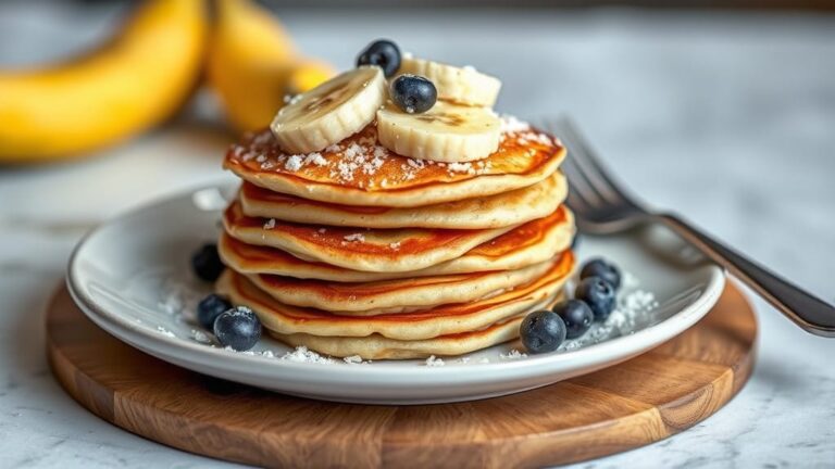 Banana Pancakes topped with raspberries, bananas and choc chips