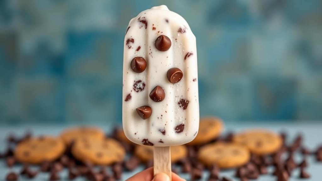 A frozen yogurt pop with chocolate chips, tasting like cookie dough.