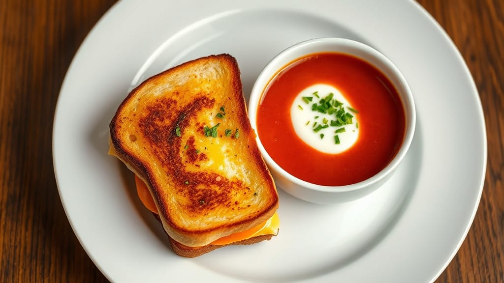 Delicious Grilled Cheese Sandwich next to a bowl of Tomato Soup, top view, food photography, elegant plating