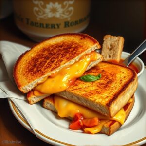 A golden grilled cheese sandwich oozing with melted cheese served with a bowl of creamy tomato soup.