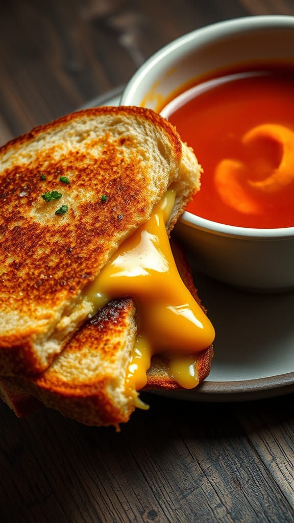 A golden grilled cheese sandwich oozing with melted cheese served with a bowl of creamy tomato soup.