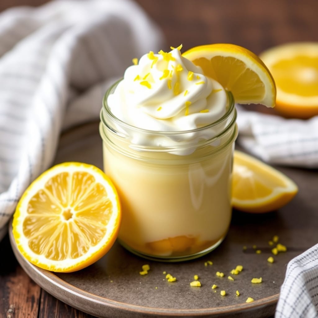 A glass jar of Meyer lemon pudding topped with whipped cream, garnished with lemon zest and a fresh lemon wedge on the side