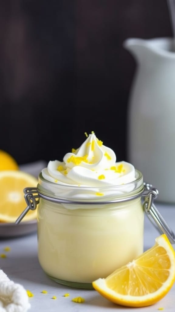 A glass jar of Meyer lemon pudding topped with whipped cream, garnished with lemon zest and a fresh lemon wedge on the side