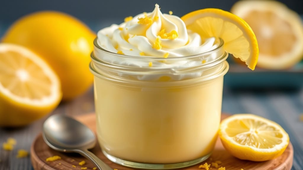 A glass jar of Meyer lemon pudding topped with whipped cream, garnished with lemon zest and a fresh lemon wedge on the side