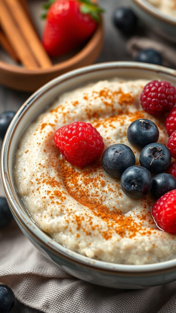 A bowl of creamy quinoa pudding topped with a sprinkle of cinnamon and fresh berries