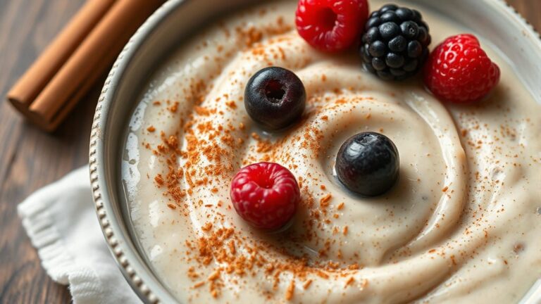 A bowl of creamy quinoa pudding topped with a sprinkle of cinnamon and fresh berries