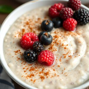 A bowl of creamy quinoa pudding topped with a sprinkle of cinnamon and fresh berries