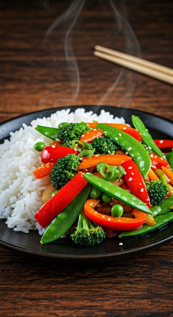 A vibrant stir-fry of bell peppers, broccoli, snap peas, and carrots served over a bed of fluffy rice.