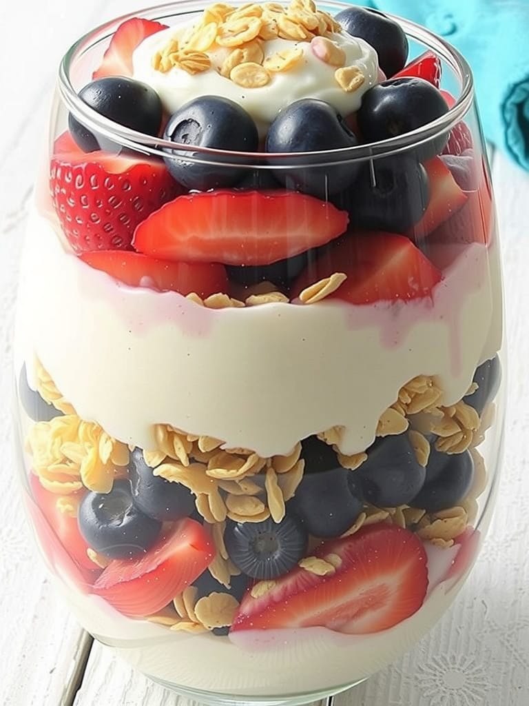 glass filled with granola, berries, and white yoghurt