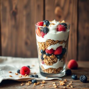 glass filled with granola, berries, and white yoghurt