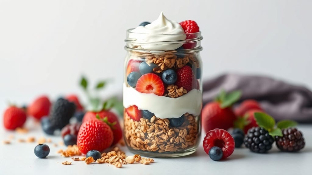 glass filled with granola, berries, and white yoghurt