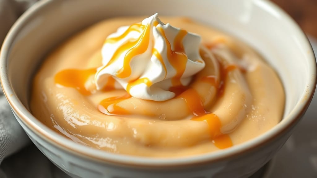 A bowl of smooth butterscotch pudding, topped with a dollop of whipped cream and a sprinkle of caramel drizzle