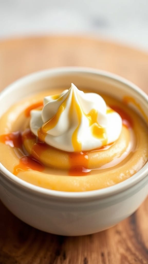 A bowl of smooth butterscotch pudding, topped with a dollop of whipped cream and a sprinkle of caramel drizzle