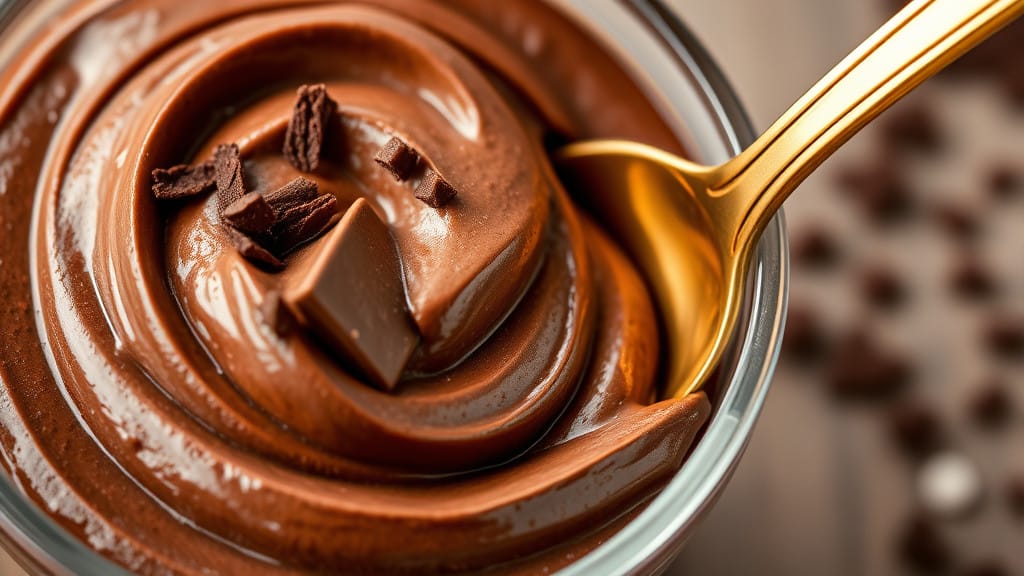 A luscious swirl of rich chocolate mousse in a glass bowl, garnished with a few chocolate shavings and served with a gold spoon.