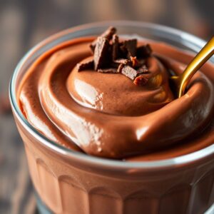 A luscious swirl of rich chocolate mousse in a glass bowl, garnished with a few chocolate shavings and served with a gold spoon.