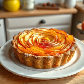 A golden brown apple tart with delicate, thinly sliced apples.