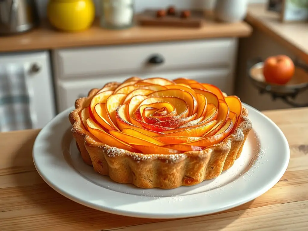 A golden brown apple tart with delicate, thinly sliced apples.