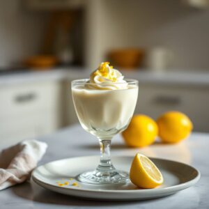 Creamy lemon mousse served in an elegant glass, topped with lemon zest and a dollop of whipped cream.