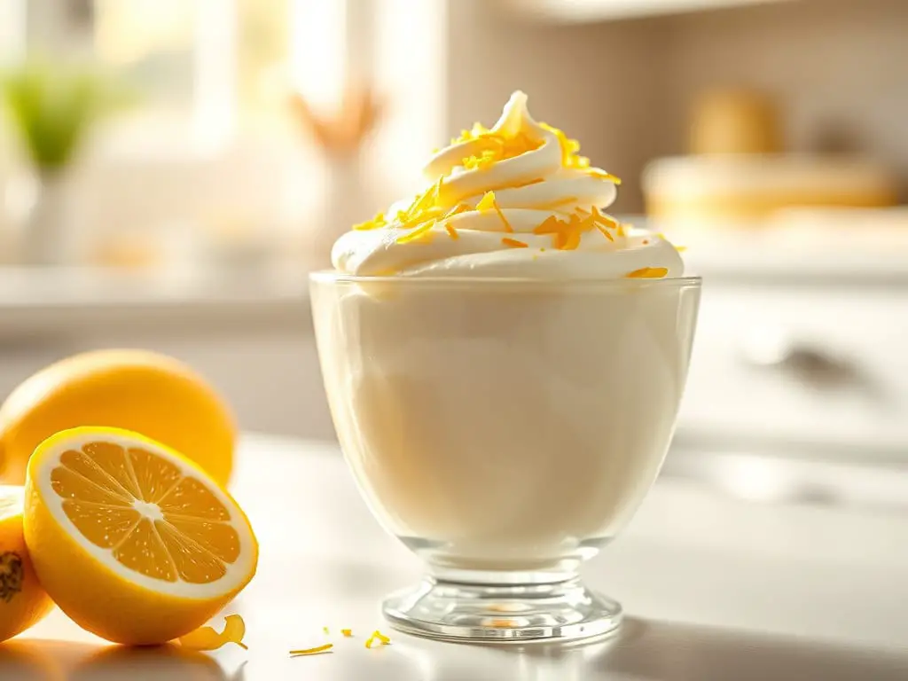 Creamy lemon mousse served in an elegant glass, topped with lemon zest and a dollop of whipped cream.