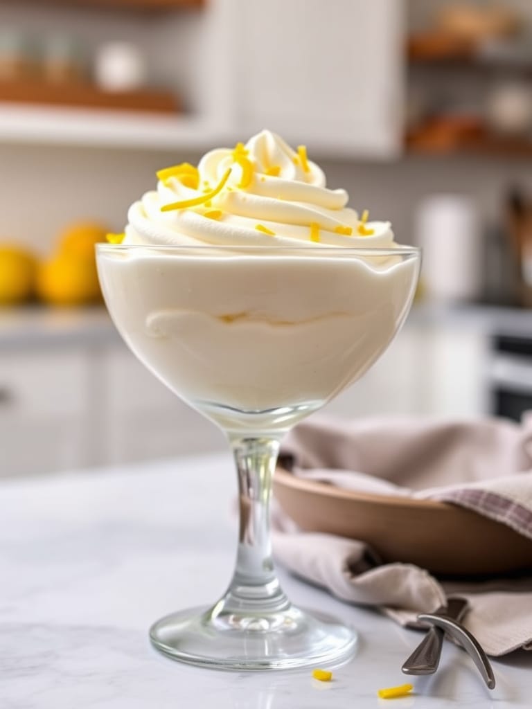 Creamy lemon mousse served in an elegant glass, topped with lemon zest and a dollop of whipped cream.