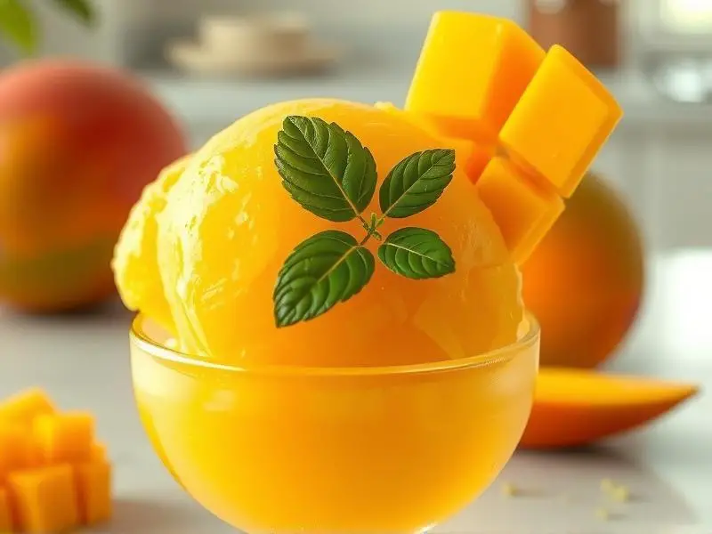 bright yellow mango sorbet, scooped into a bowl. Garnished with fresh mango slices and a hint of lime zest and mint.