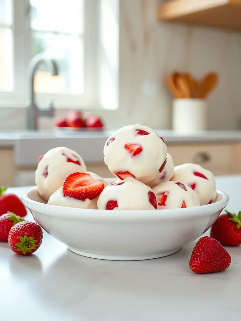 frozen strawberry yogurt bites, with a creamy white yogurt coating and fresh strawberry