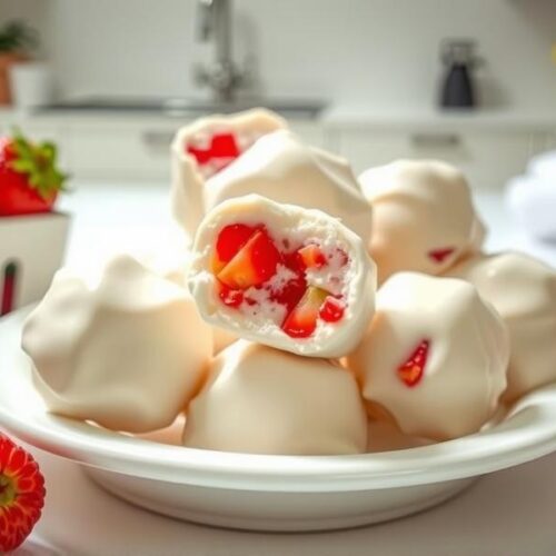 frozen strawberry yogurt bites, with a creamy white yogurt coating and fresh strawberry