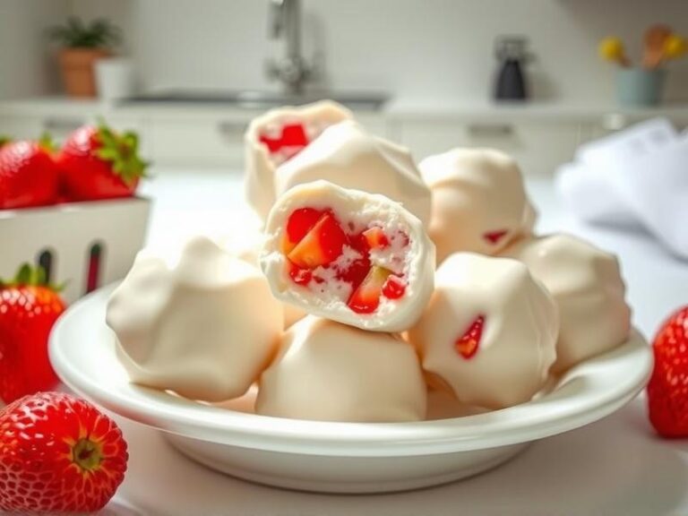 frozen strawberry yogurt bites, with a creamy white yogurt coating and fresh strawberry