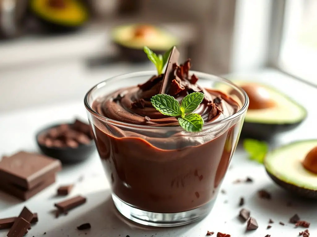 Rich, velvety avocado chocolate mousse served in a glass cup, garnished with chocolate shavings and a sprig of mint.