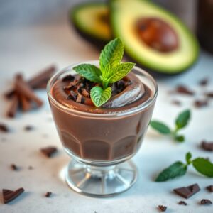 Rich, velvety avocado chocolate mousse served in a glass cup, garnished with chocolate shavings and a sprig of mint.