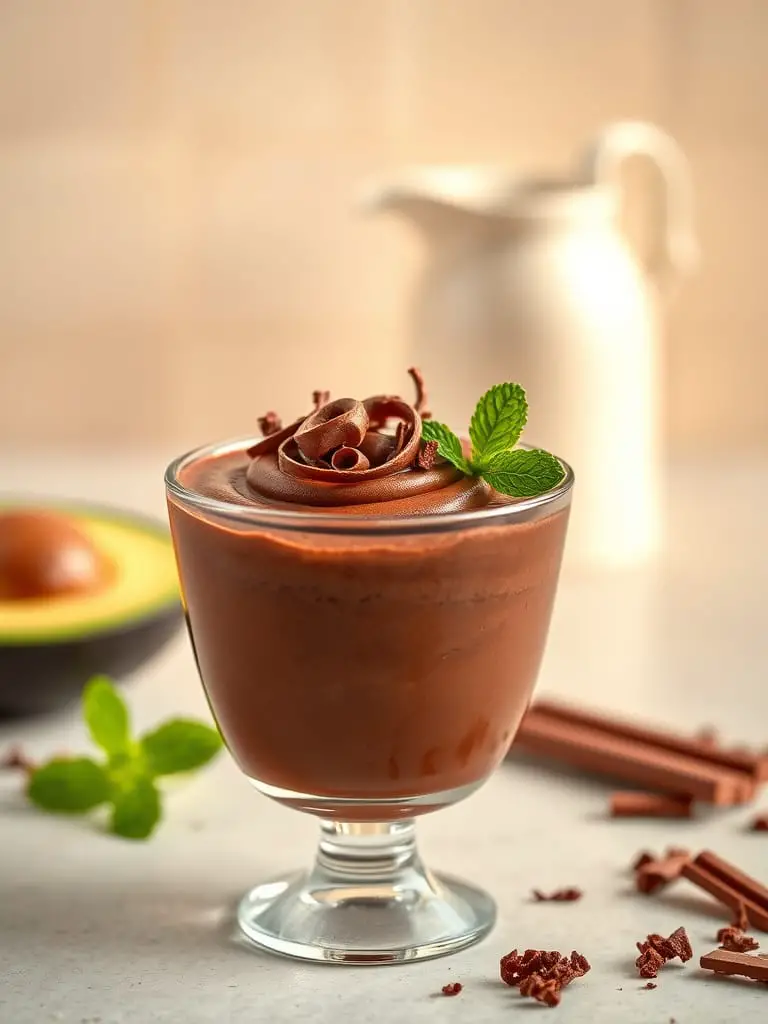 Rich, velvety chocolate mousse served in a glass cup, garnished with chocolate shavings and a sprig of mint.