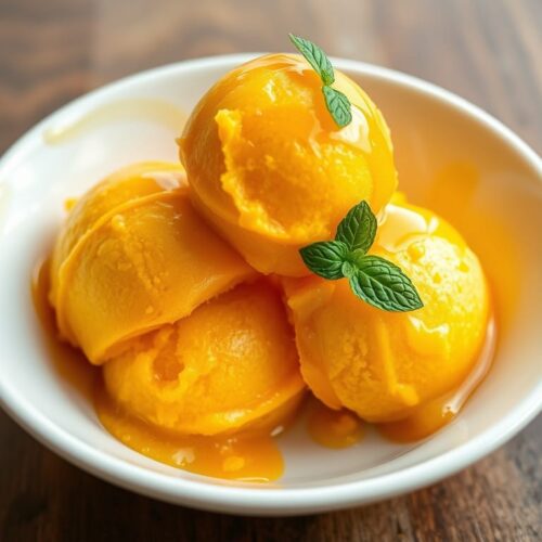 Delicious mango sorbet in a white bowl.