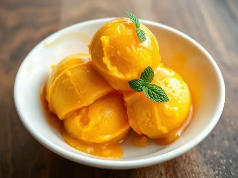 Delicious mango sorbet in a white bowl.