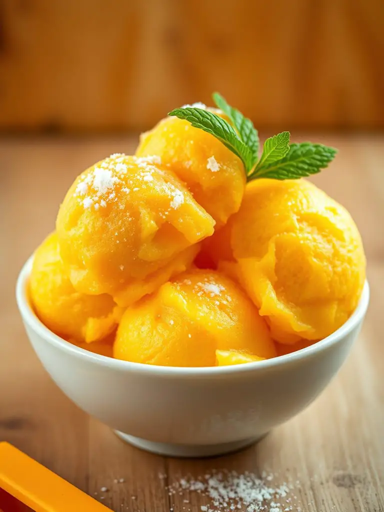 Delicious mango sorbet in a white bowl.